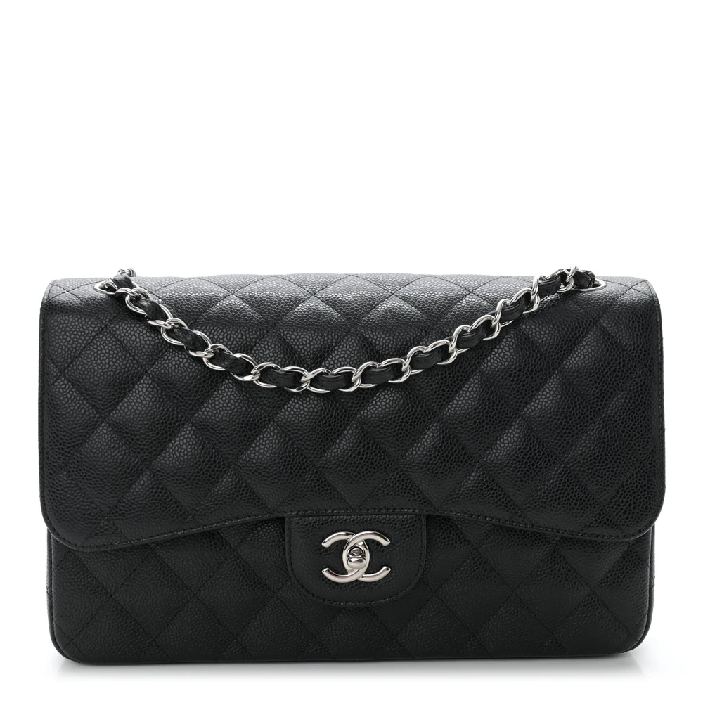 Lushentic Chanel Double Flap Jumbo Black Quilted Caviar Leather Silver Hardware Front