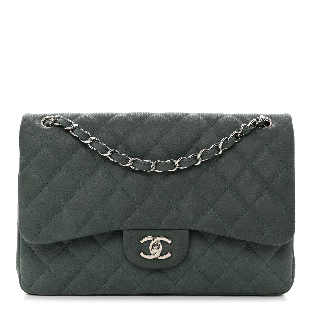 Lushentic Chanel Double Flap Jumbo Green Quilted Caviar Leather Silver Hardware Front