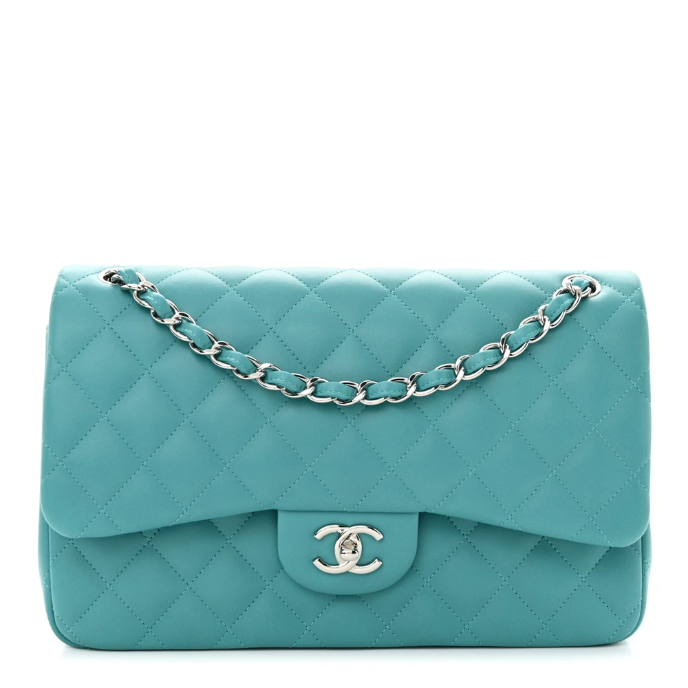 Lushentic Chanel Double Flap Jumbo Turquoise Quilted Lambskin Leather Silver Hardware Front