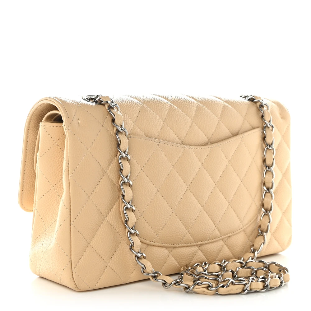 Lushentic Quality Handbags: Double Flap Medium Beige with Silver Hardware - Image 3