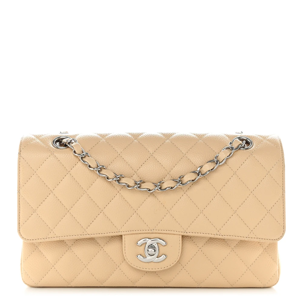 Lushentic Chanel Double Flap Medium Beige Quilted Caviar Leather Silver Hardware Front