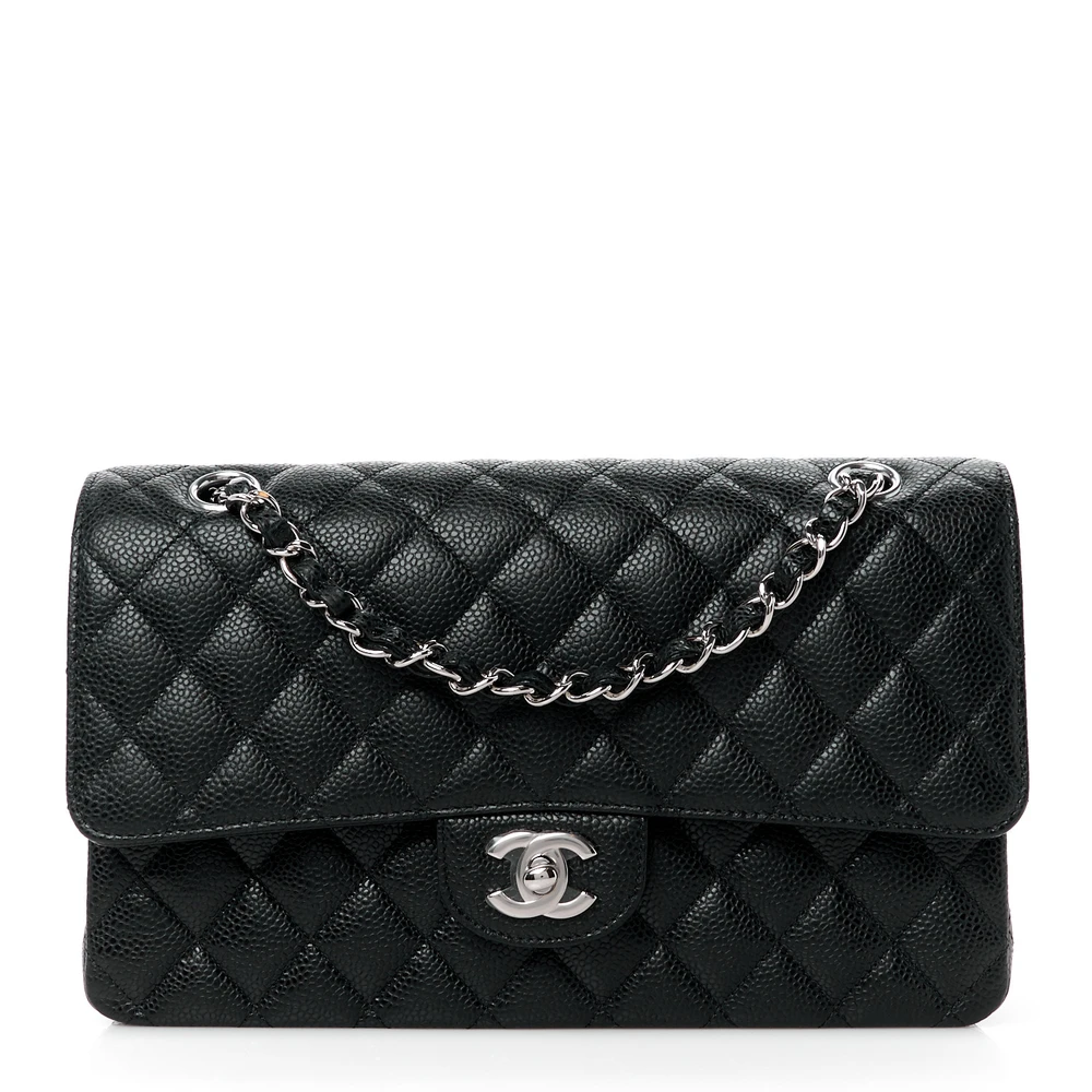 Lushentic Chanel Double Flap Medium Black Quilted Caviar Leather Silver Hardware Front