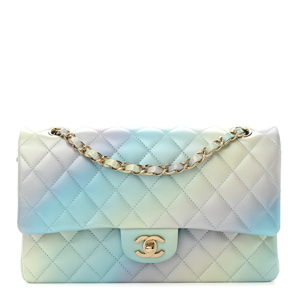 Lushentic Chanel Double Flap Medium Blue Multicolor Quilted Lambskin Leather Tie Dye Ombre Gold Hardware Front