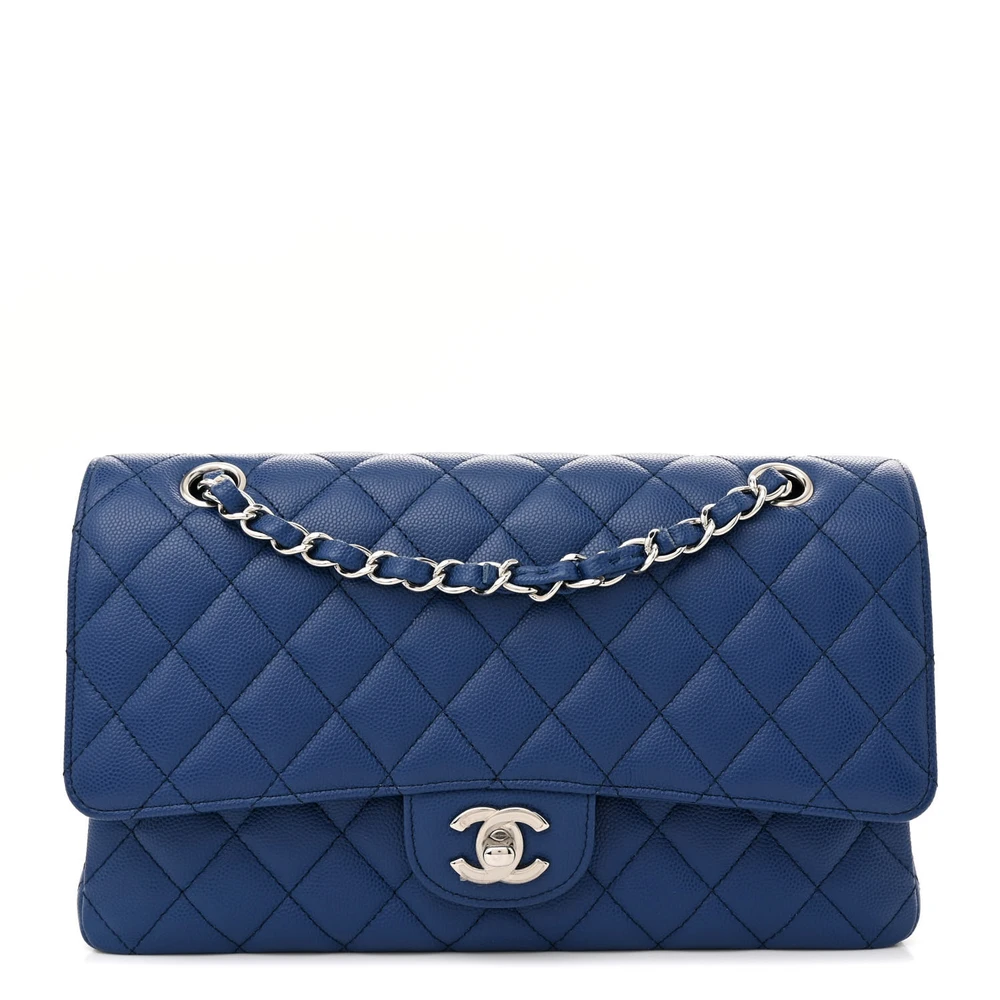 Lushentic Chanel Double Flap Medium Blue Quilted Caviar Leather Silver Hardware Front