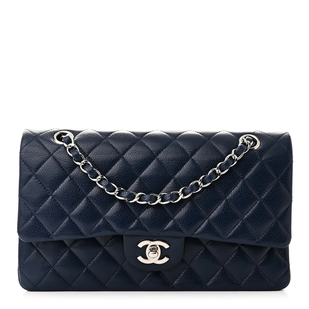 Lushentic Chanel Double Flap Medium Blue Quilted Caviar Leather Silver Hardware Front