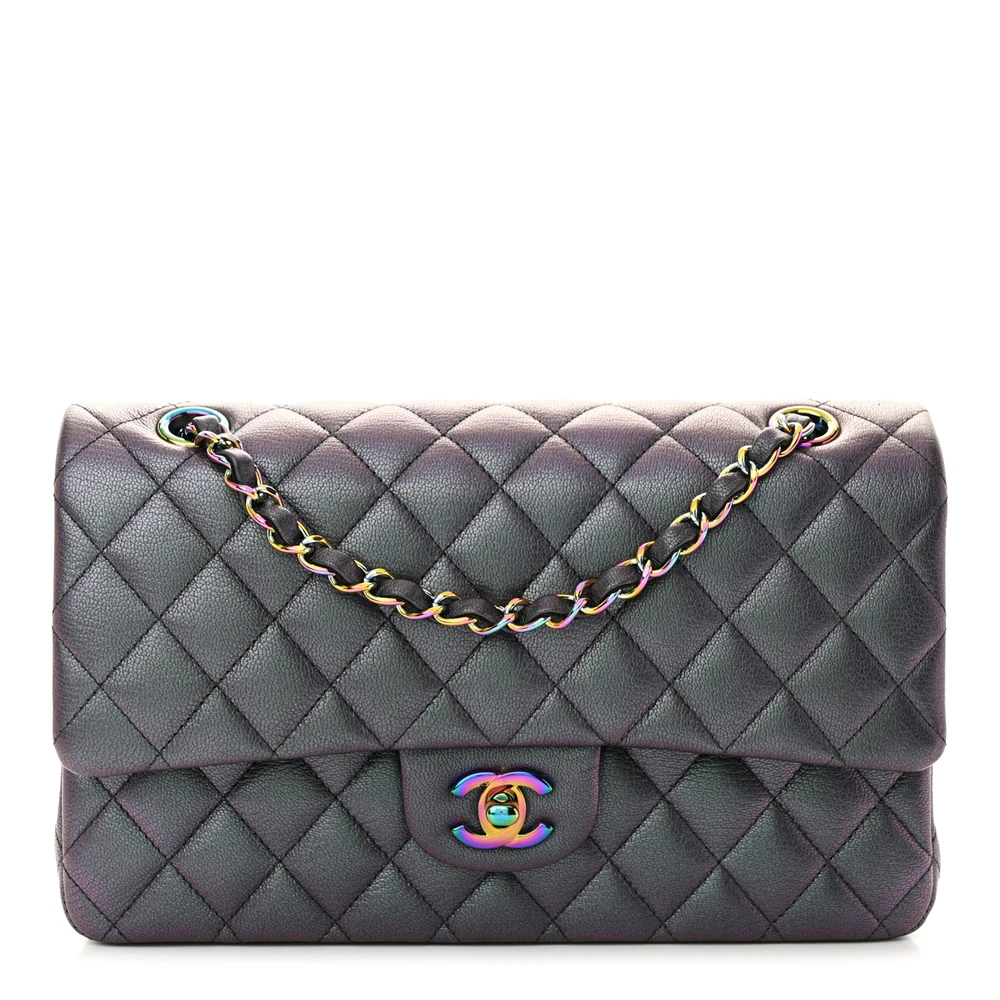 Lushentic Chanel Double Flap Medium Metallic Purple Quilted Goatskin Leather Rainbow Hardware Front