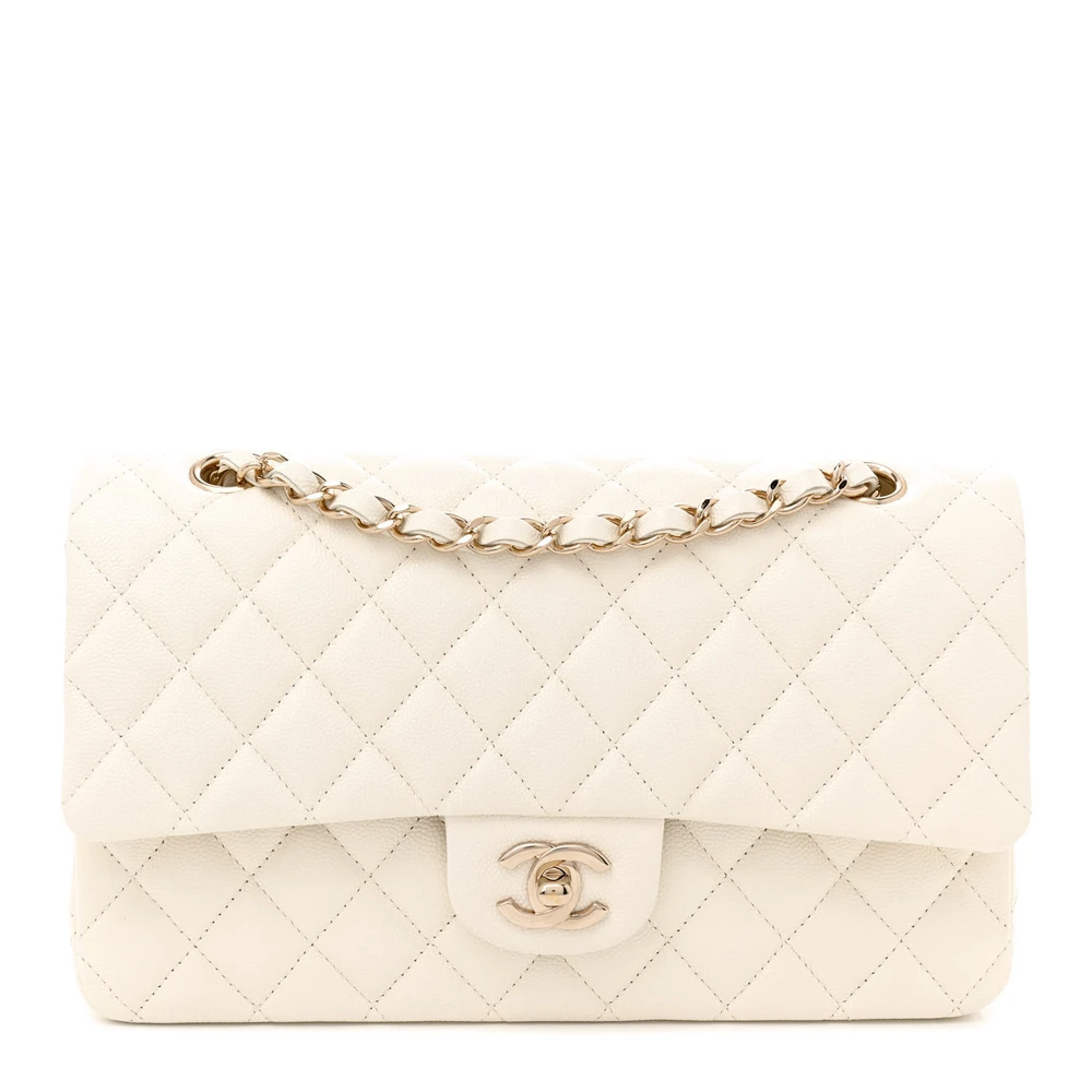 Lushentic Chanel Double Flap Medium White Quilted Caviar Leather Light Gold Hardware Front
