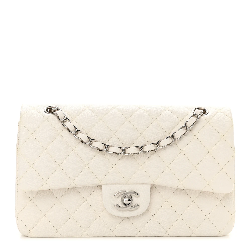 Lushentic Chanel Double Flap Medium White Quilted Caviar Leather Silver Hardware Front