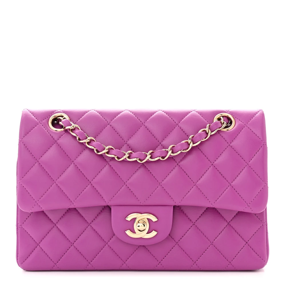 Lushentic Chanel Double Flap Small Purple Quilted Lambskin Leather Light Gold Hardware Front