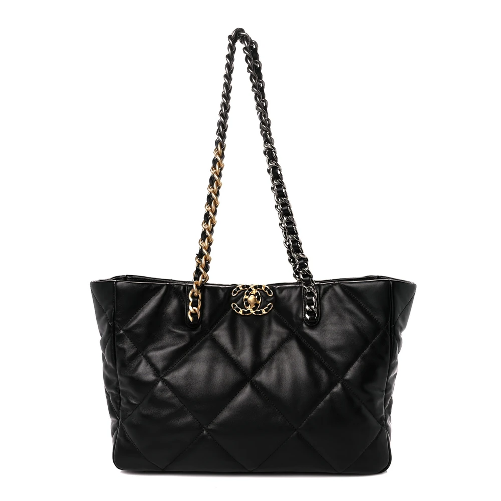 Lushentic Chanel East-West Shopping Bag Medium Black Chanel 19 Quilted Lambskin Leather Mixed Metal Hardware Front