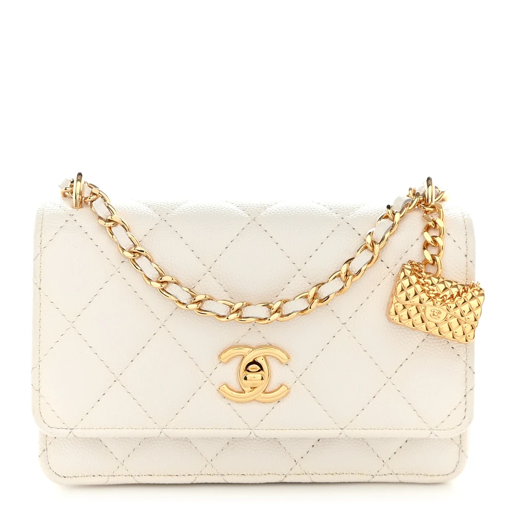 Lushentic Chanel Flap Charm Wallet On Chain (WOC) Small White Quilted Shiny Caviar Leather Gold Hardware Front