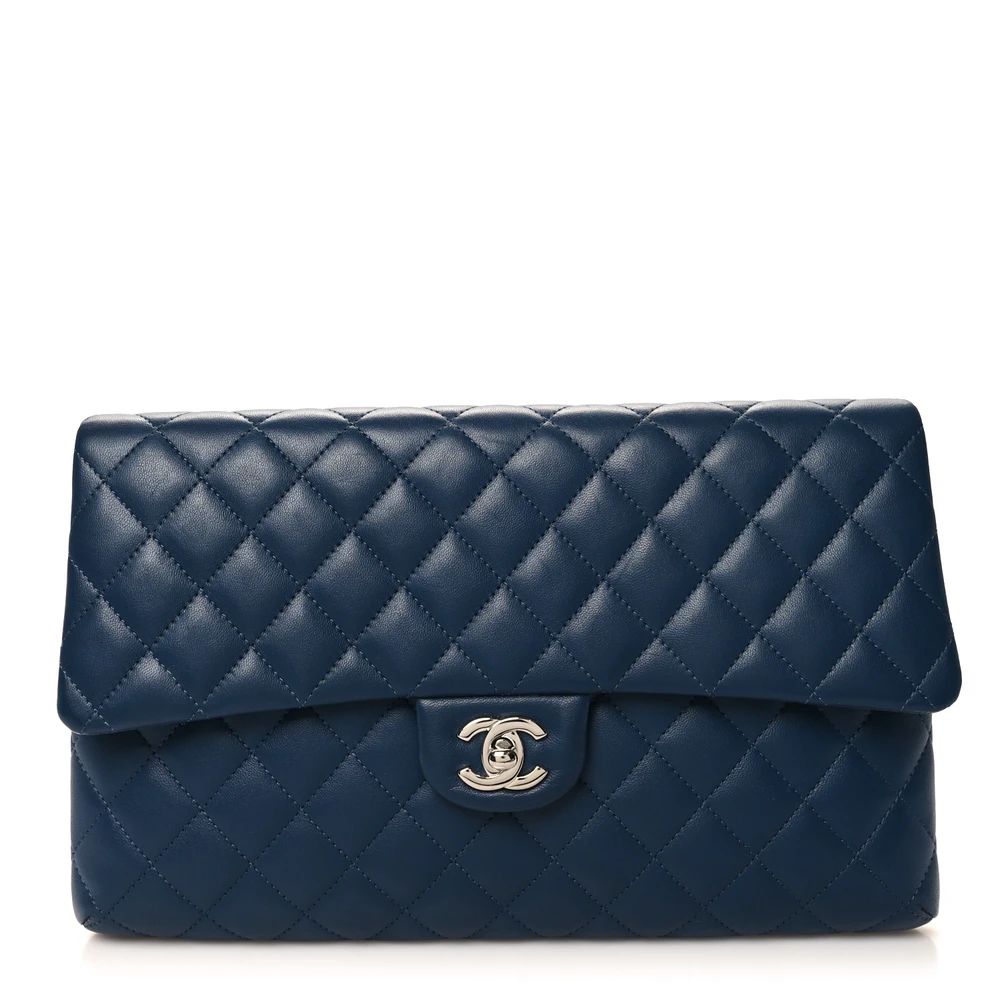 Lushentic Chanel Flap Clutch Medium Navy Quilted Caviar Leather Silver Hardware Front