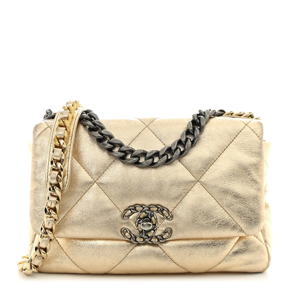 Lushentic Chanel Flap Maxi Metallic Gold Chanel 19 Quilted Lambskin Leather Mixed Metal Hardware Front