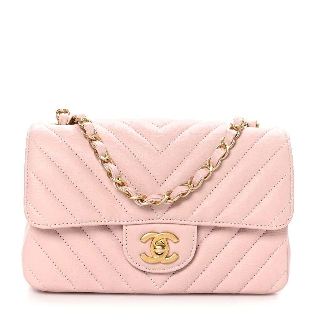 Lushentic Chanel Flap Mini Rectangular Light Pink Chevron Quilted Calfskin Leather Gold Hardware Front