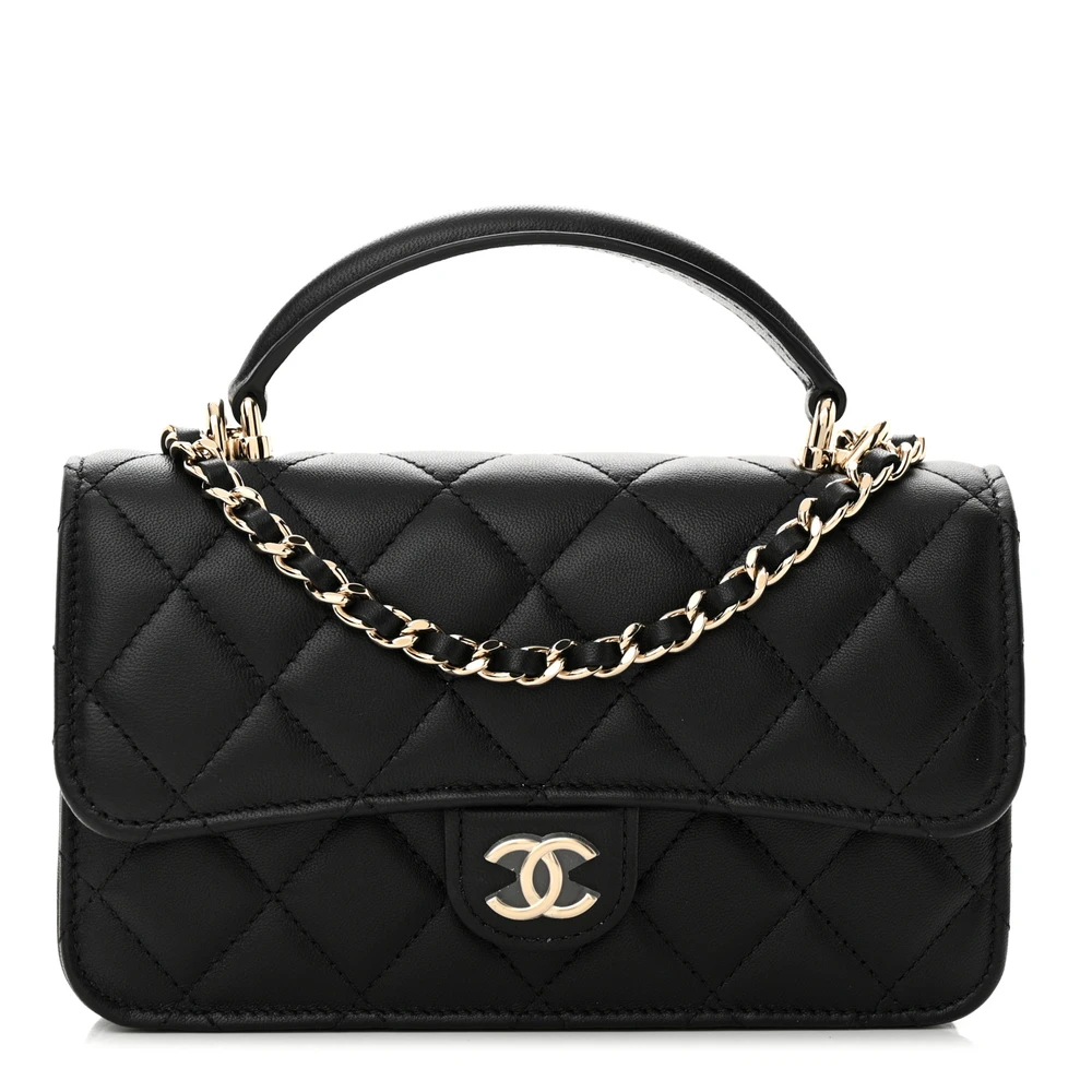 Lushentic Chanel Flap Phone Holder With Chain Small Black Quilted Lambskin Leather Light Gold Hardware Front