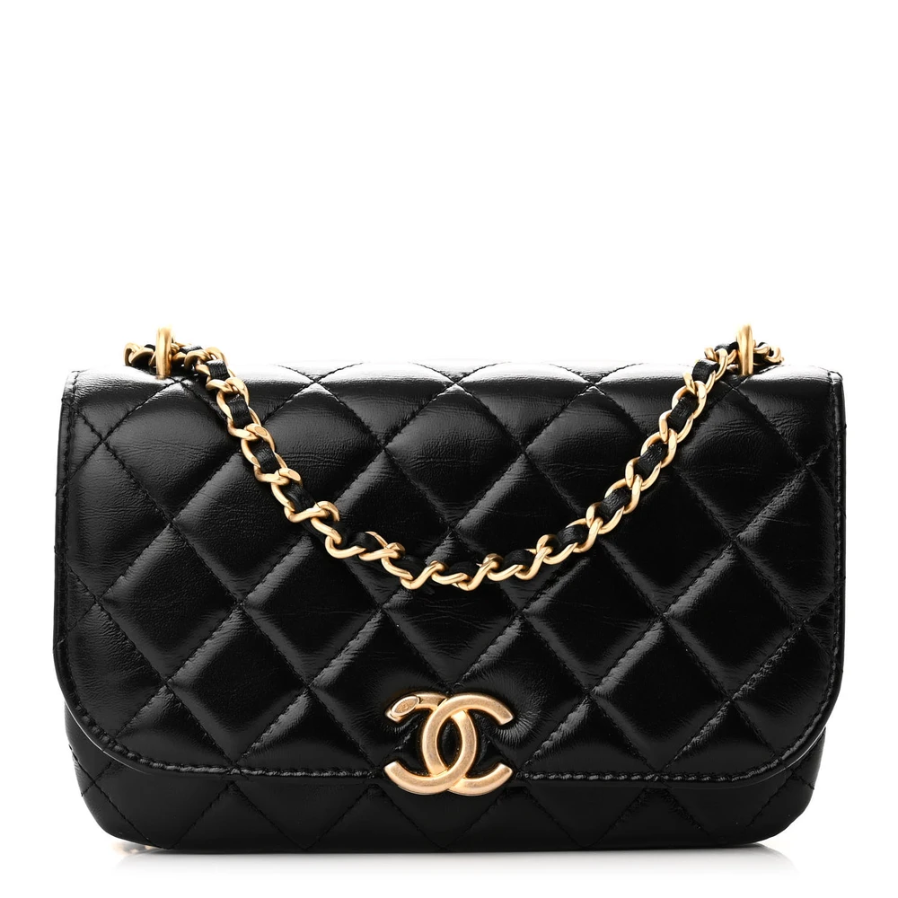 Lushentic Chanel Flap Phone Holder With Chain Small Black Quilted Shiny Lambskin Leather Gold Hardware Front