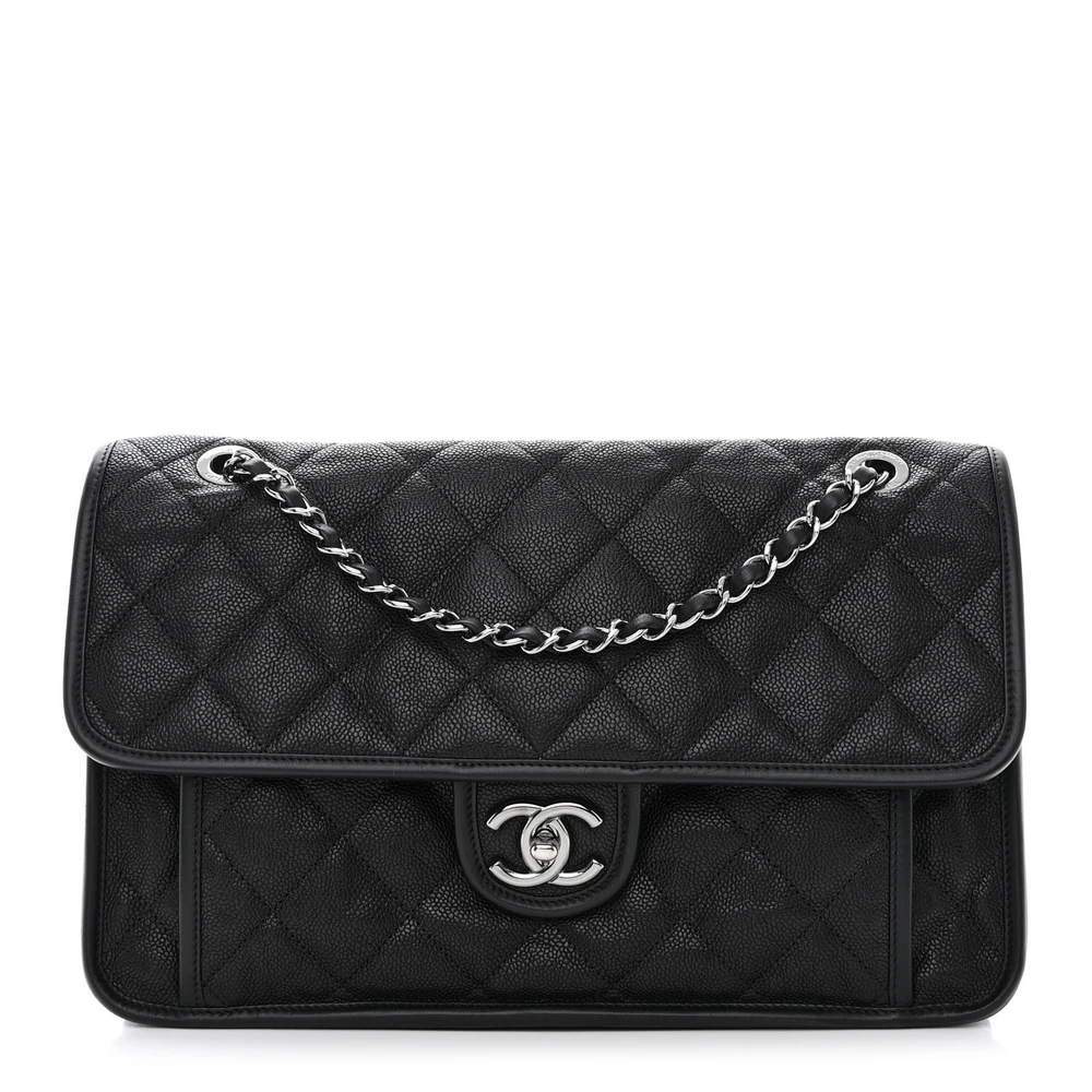 Lushentic Chanel French Riviera Flap Large Black Quilted Caviar Leather Silver Hardware Front