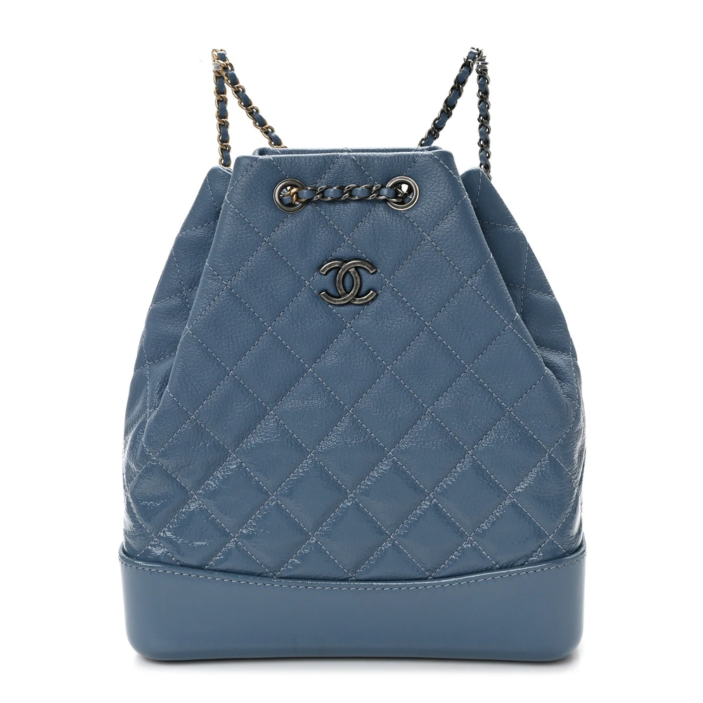 Lushentic Chanel Gabrielle Backpack Small Blue Quilted Patent Goatskin Leather Mixed Metal Hardware Front