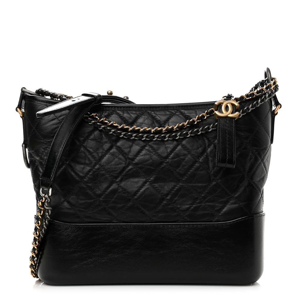 Lushentic Chanel Gabrielle Hobo Medium Black Quilted Aged Calfskin Leather Mixed Metal Hardware Front