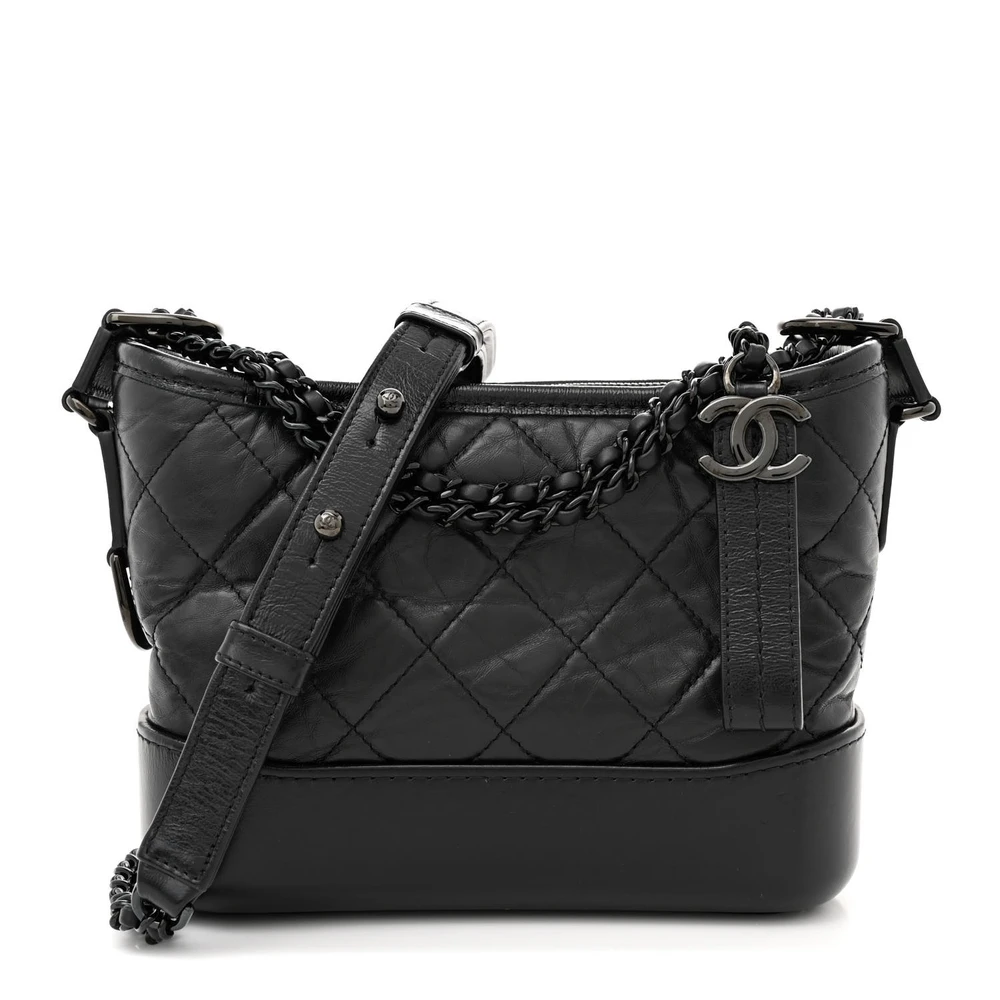Lushentic Chanel Gabrielle Hobo Small Black Quilted Aged Calfskin Leather Black Hardware Front