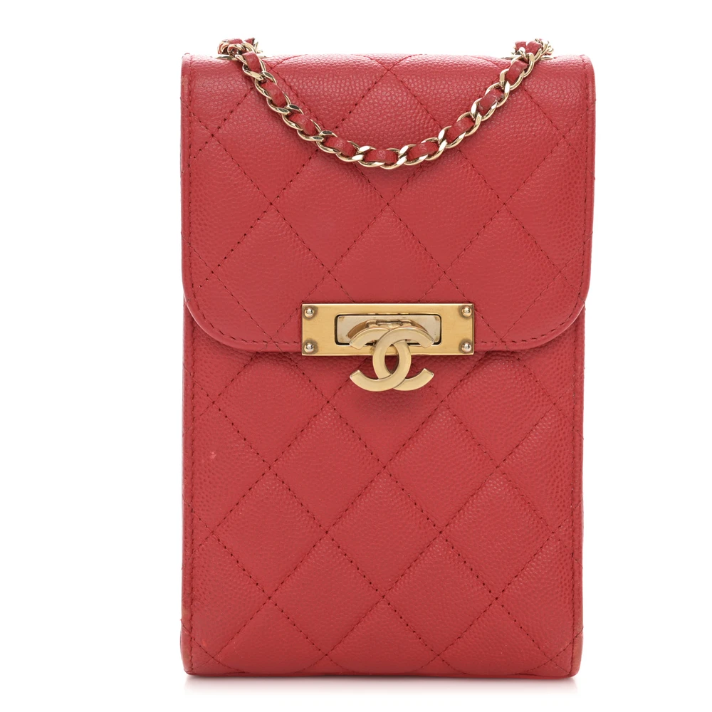 Lushentic Chanel Golden Class Phone Holder Mini Red Quilted Caviar Leather Gold Hardware Front