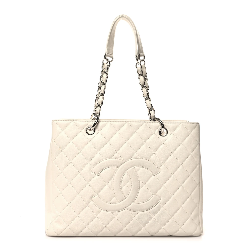 Lushentic Chanel Grand Shopping Tote (GST) Large White Quilted Caviar Leather Silver Hardware Front