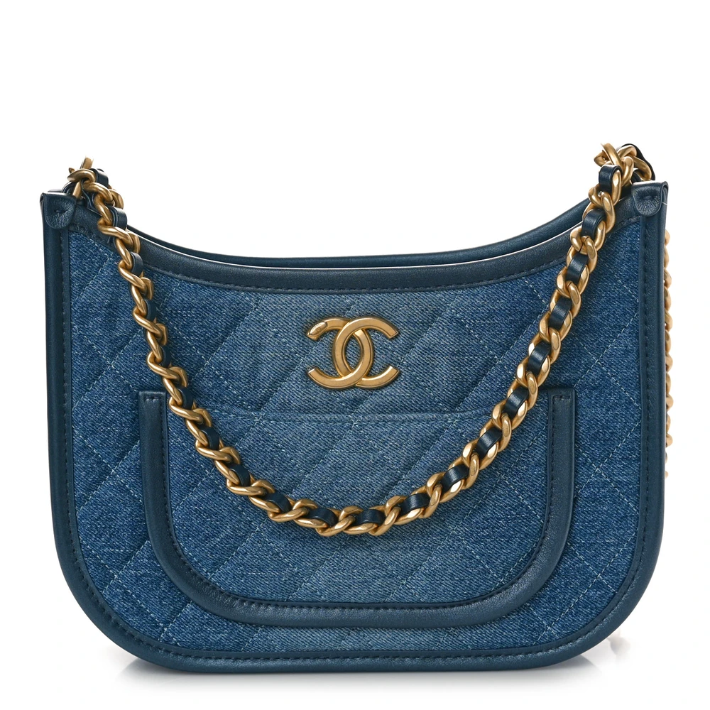 Lushentic Chanel Hobo Medium Blue Quilted Washed Denim Aged Gold Hardware Front