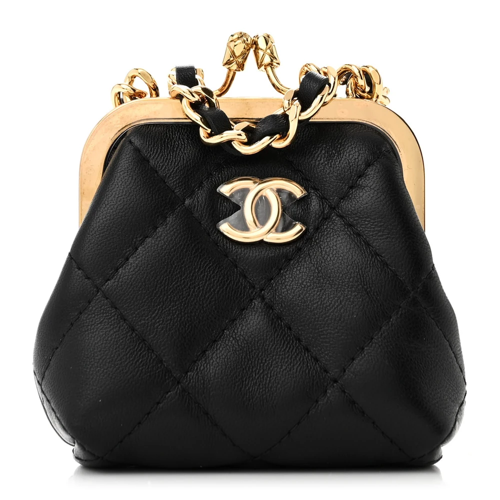 Lushentic Chanel Kiss Lock Clutch With Chain Mini Black Quilted Lambskin Leather Gold Hardware Front