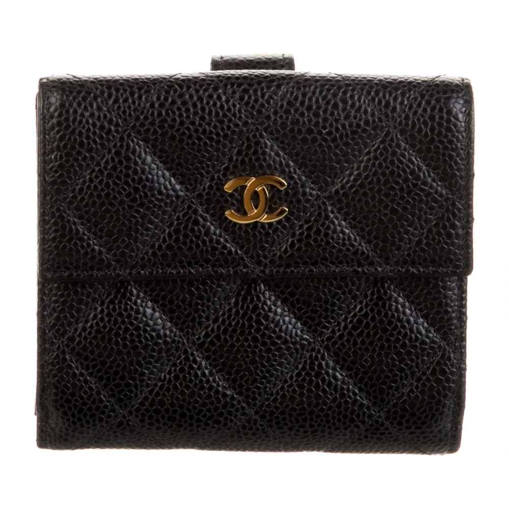 Lushentic Bags: Medium Interlocking CC Wallet Black Caviar Leather Gold HW