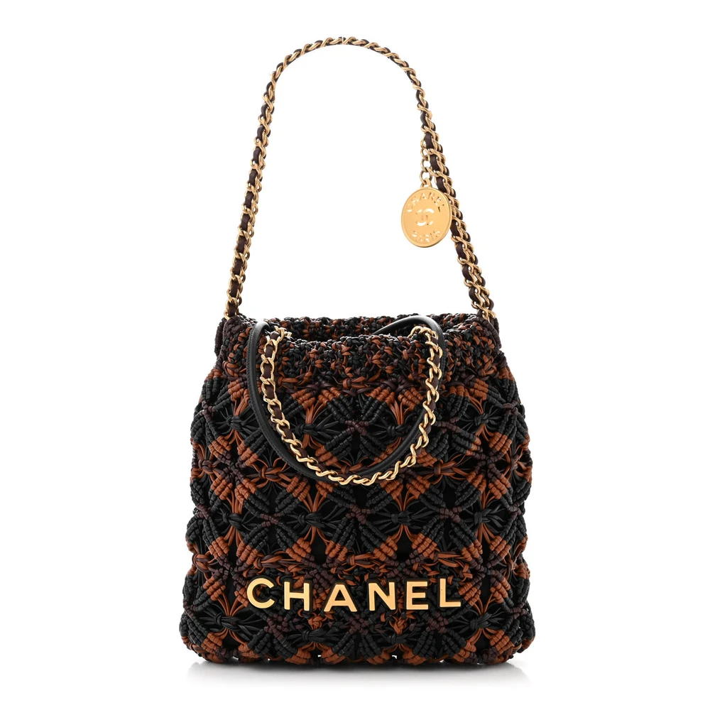 Lushentic Chanel Mini Black Light Brown Burgundy Chanel 22 Calfskin Leather Macrame Aged Gold Hardware Front