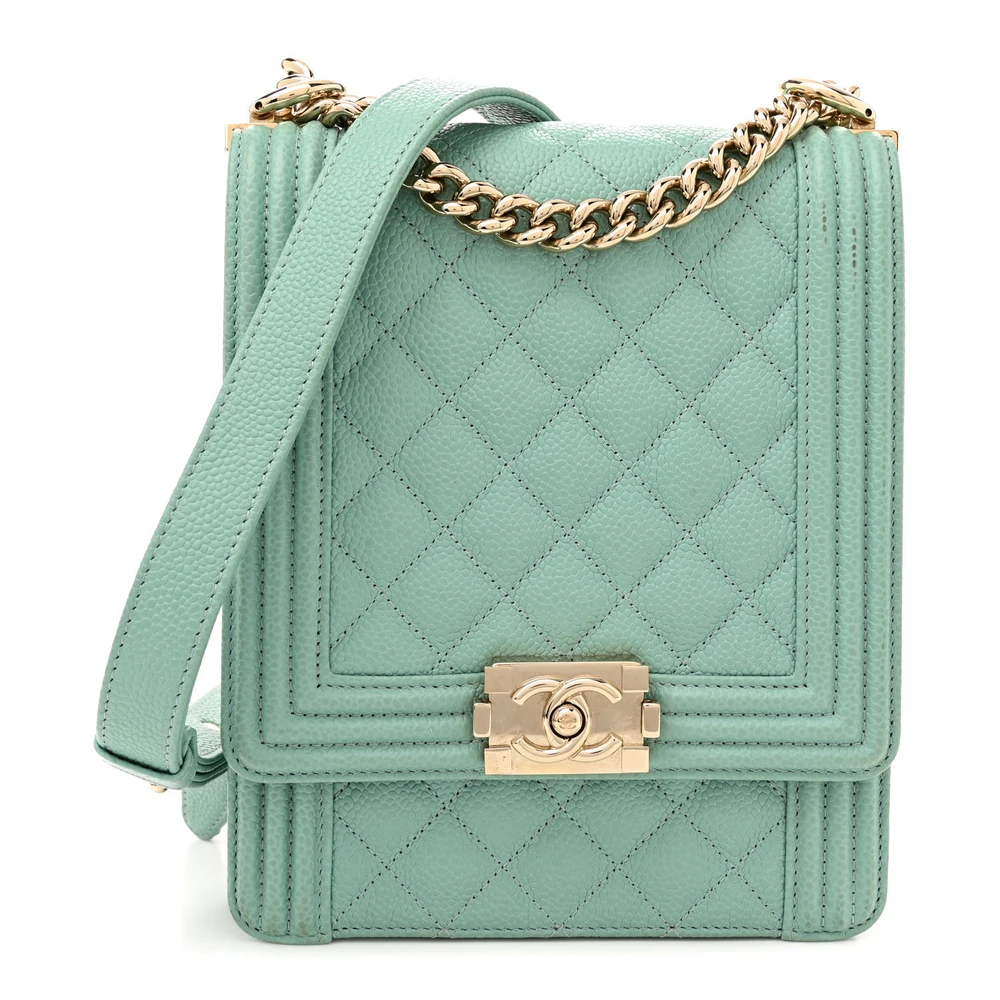 Lushentic Chanel North-South Boy Flap Small Light Blue Quilted Caviar Leather Aged Gold Hardware Front
