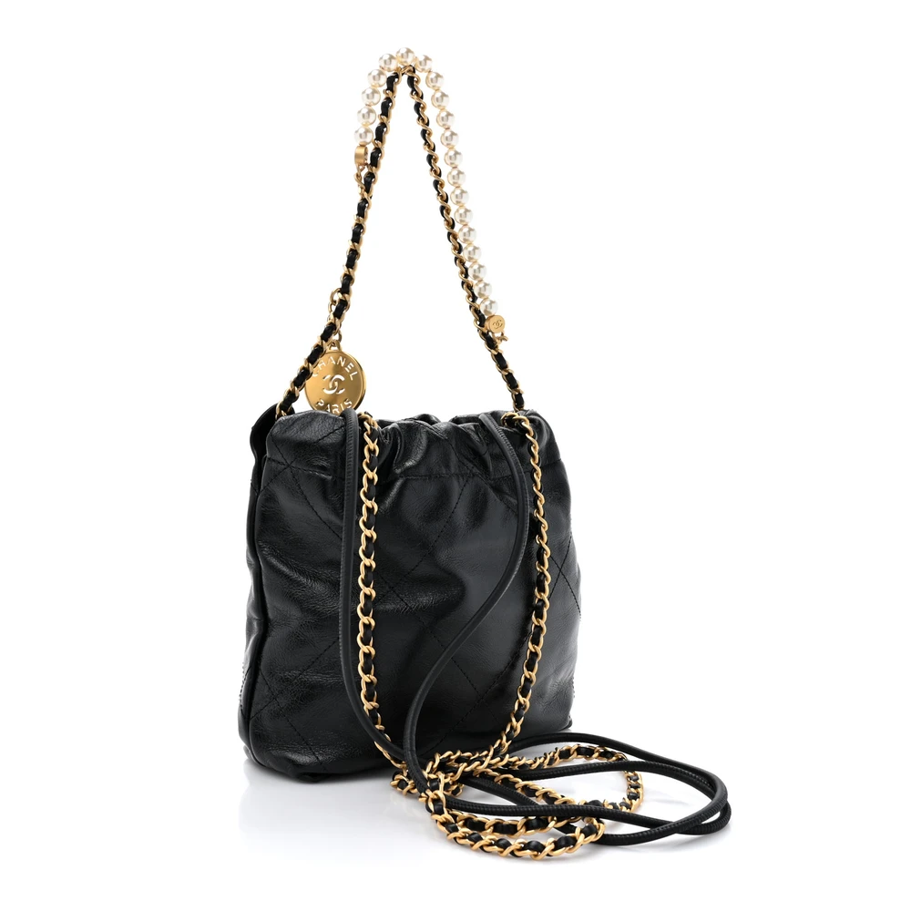 Lushentic Quality Handbags: Pearl Mini Chanel 22 Bag in Black Leather - Image 3