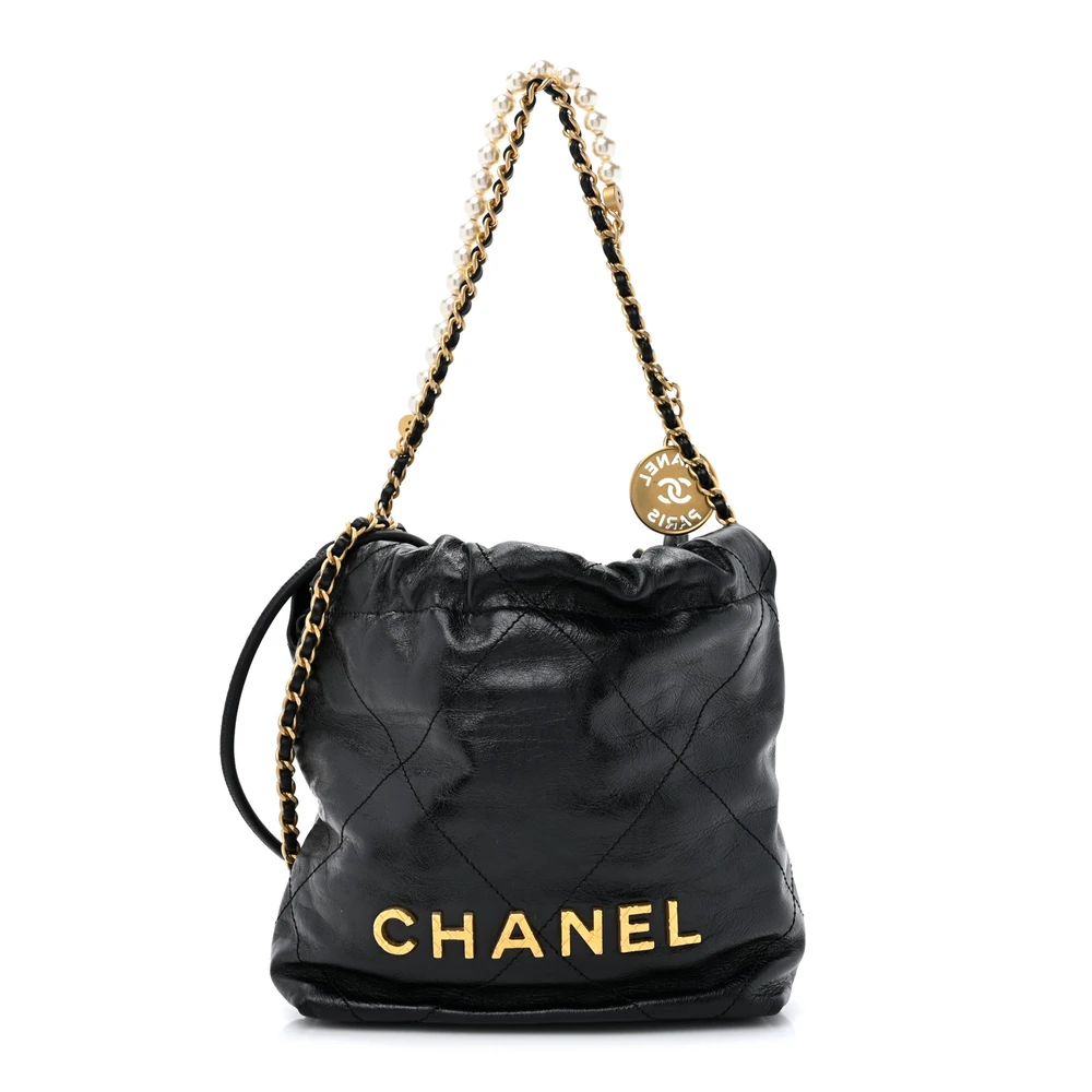 Lushentic Chanel Pearl Mini Chanel 22 Bag Black Quilted Shiny Crumpled Calfskin Leather Gold Hardware Front