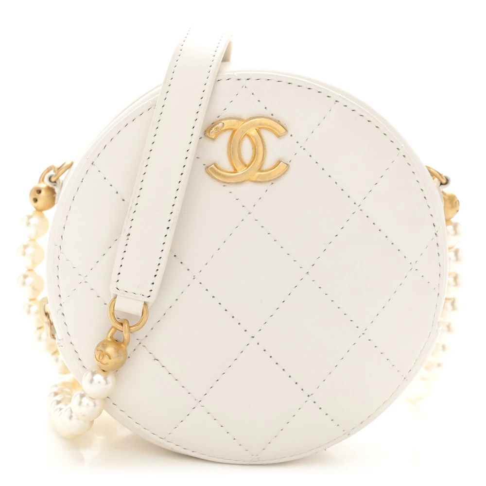 Lushentic Chanel Pearl Round Clutch With Chain Mini White Quilted Calfskin Leather Gold Hardware Front