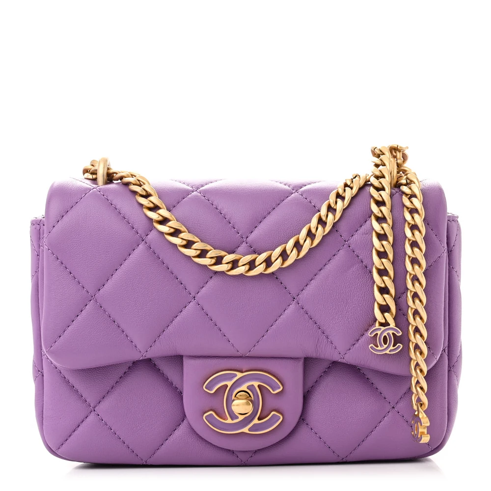 Lushentic Chanel Pending CC Square Flap Mini Purple Enamel Quilted Lambskin Leather Gold Hardware Front