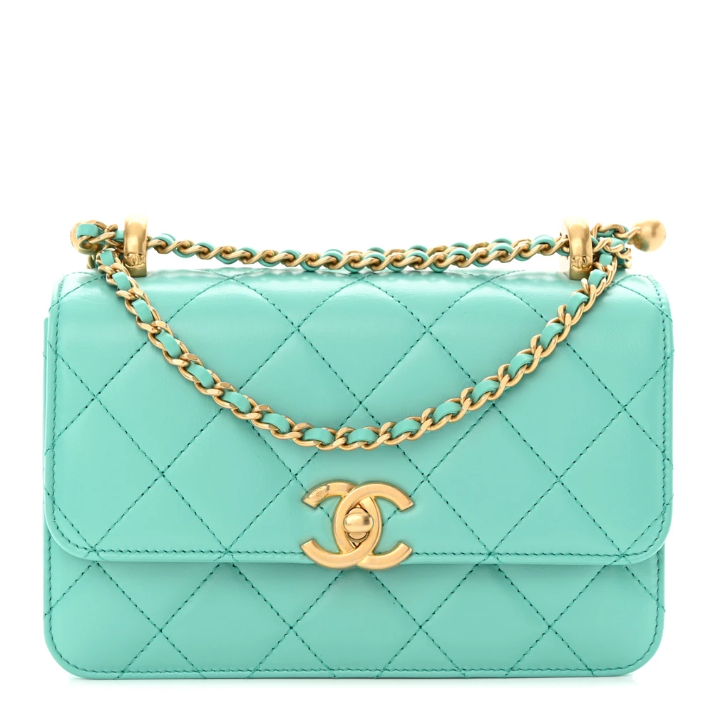 Lushentic Chanel Perfect Fit Flap Mini Turquoise Quilted Calfskin Leather Gold Hardware Front