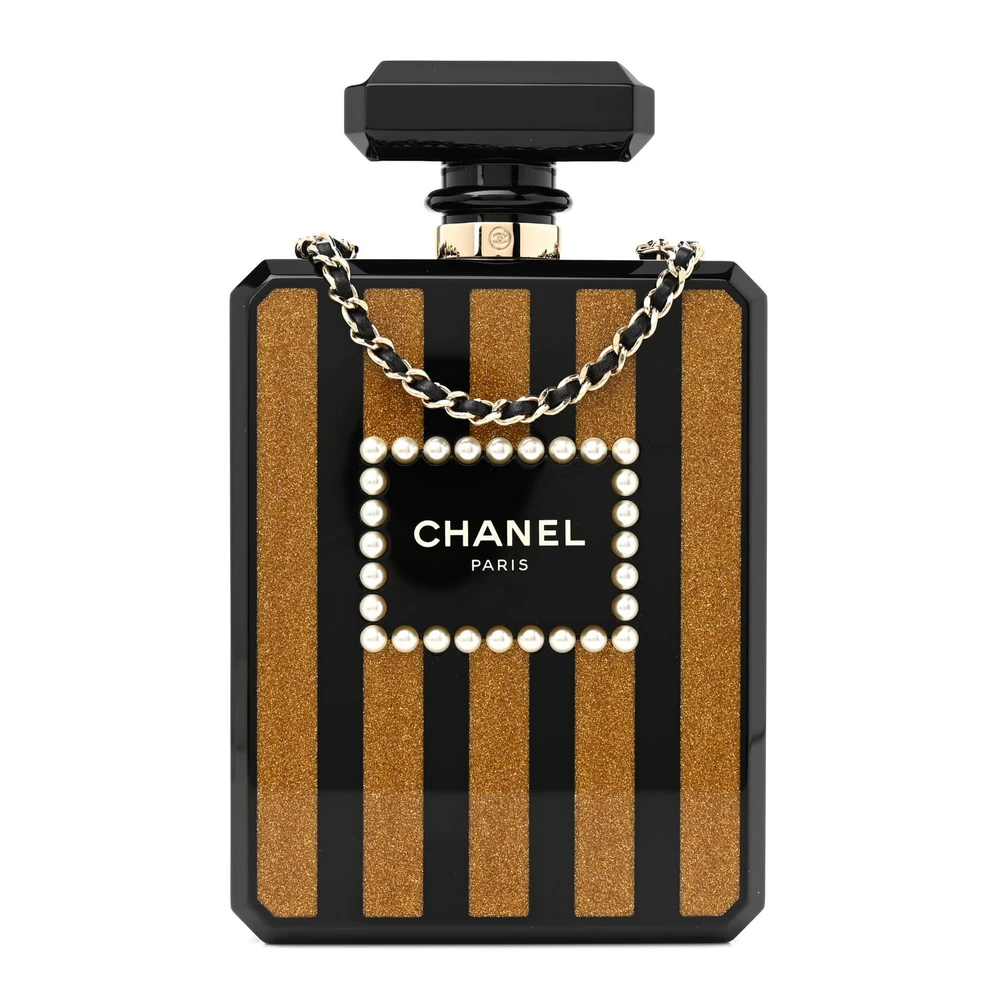 Lushentic Chanel Perfume Bottle Clutch Small Black Plexiglass Gold Hardware Front