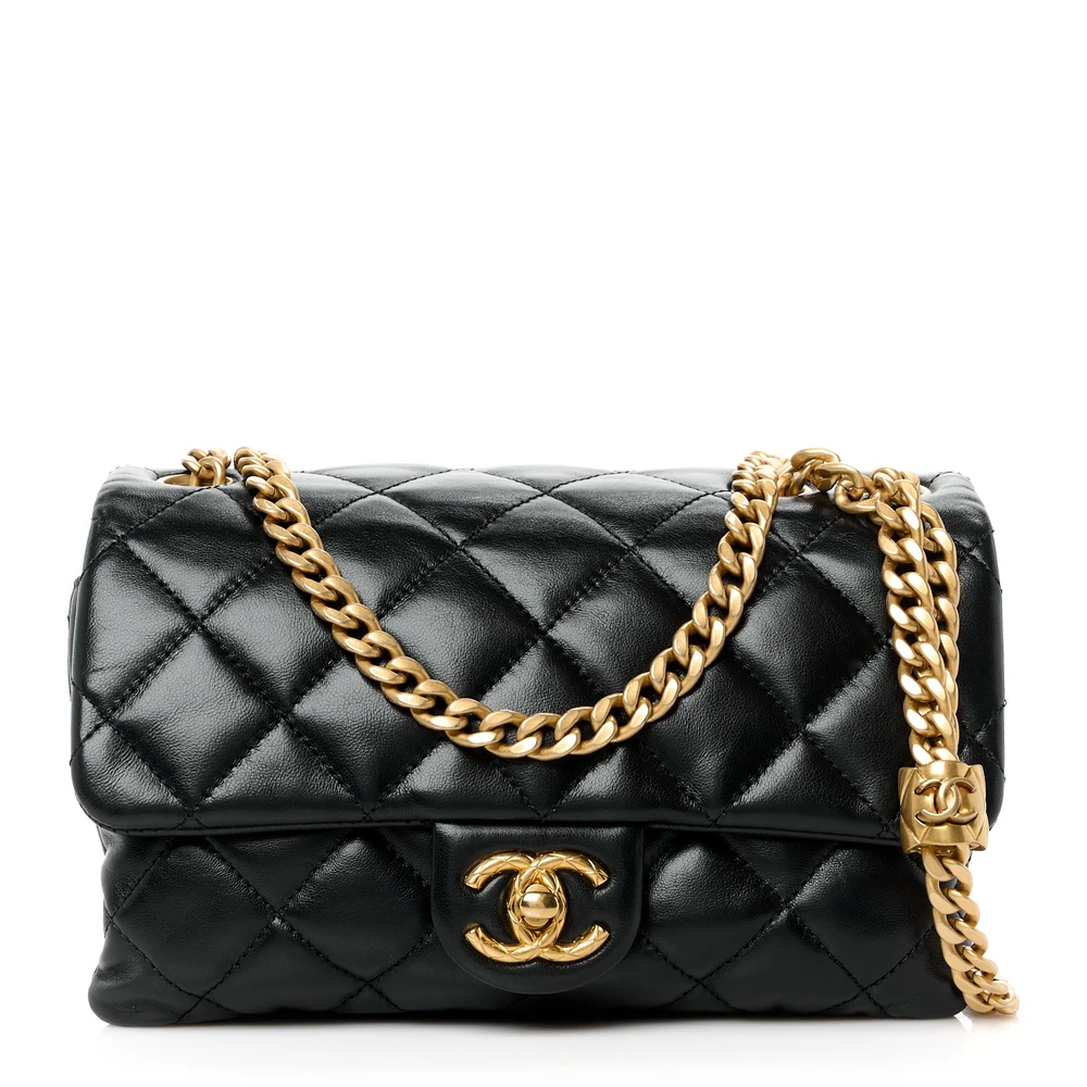 Lushentic Chanel Pillow Crush Flap Small Black Quilted Lambskin Leather Gold Hardware Front