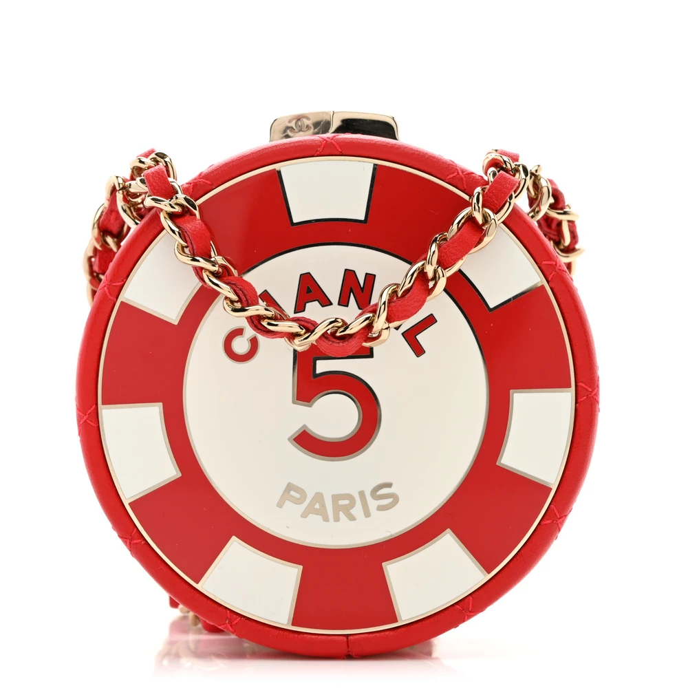 Lushentic Chanel Round Poker Chip Clutch With Chain Mini RedWhite Quilted Enamel Lambskin Leather Light Gold Hardware Front