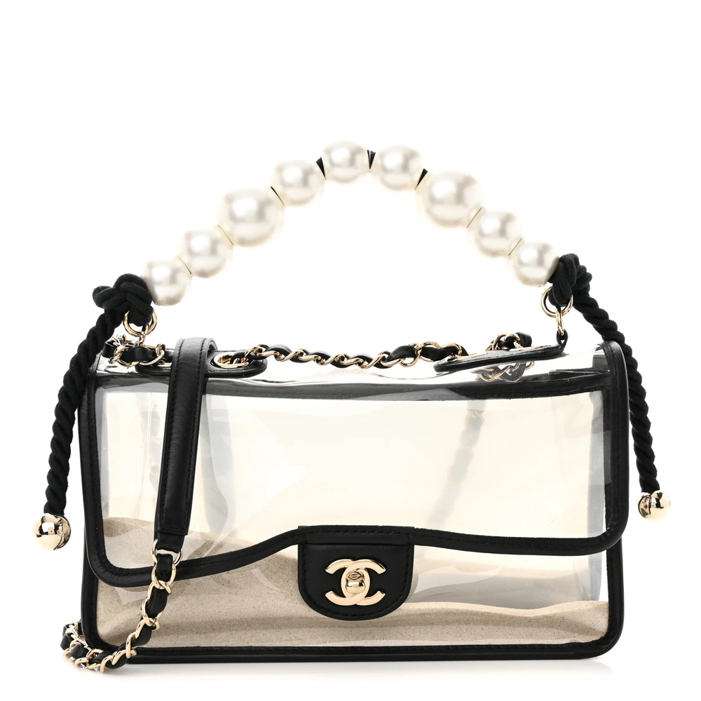 Lushentic Chanel Sand By The Sea Flap Small BlackWhite Lambskin Leather & PVC With Pearl Strap Light Gold Hardware Front