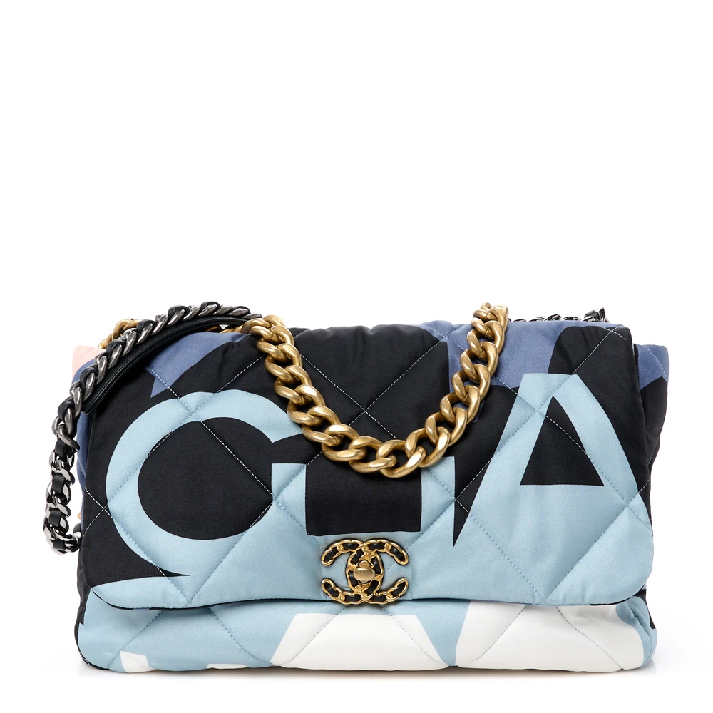 Lushentic Chanel Scarf Maxi BlackBlueWhite Silk Chanel 19 Flap Mixed Metal Hardware Front