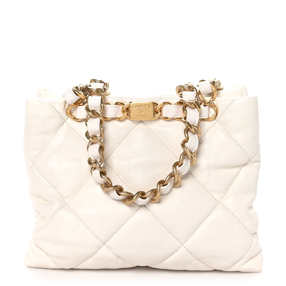 Lushentic Chanel Shopping Bag Small White Quilted Lambskin Leather Gold Hardware Front