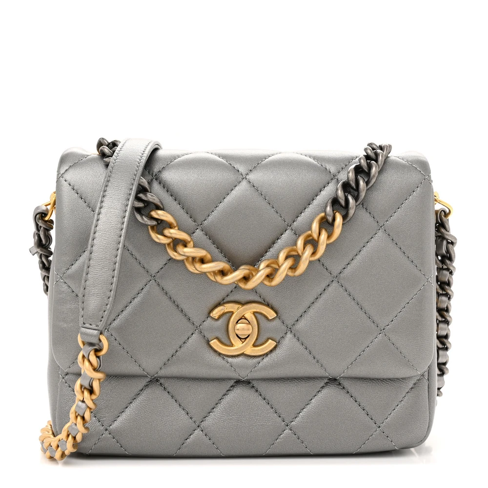 Lushentic Chanel Side Note Flap Small Metallic Grey Quilted Lambskin Leather Mixed Metal Hardware Front