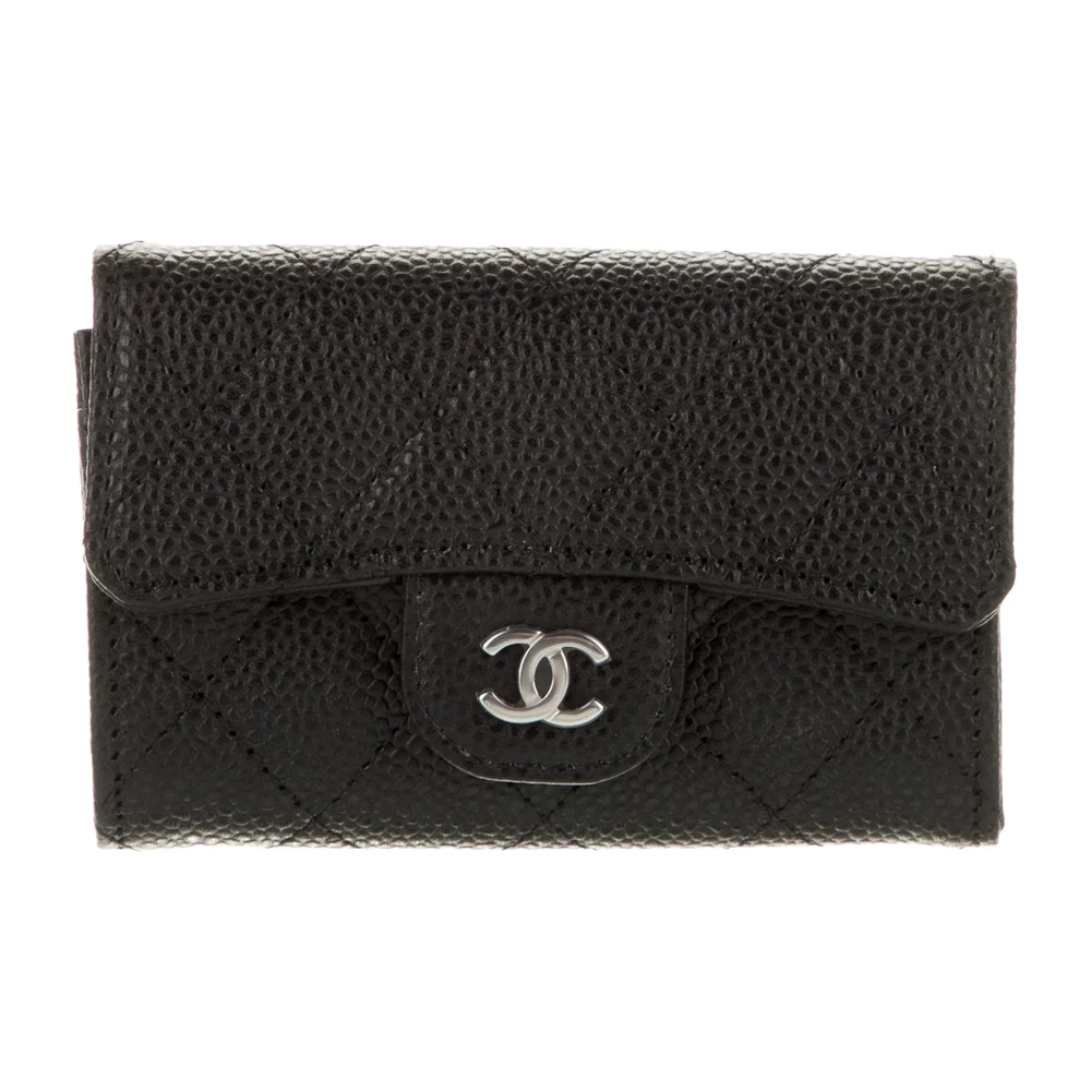 Lushentic Chanel Small Interlocking CC Logo Wallet Black Quilted Leather Silver Hardware