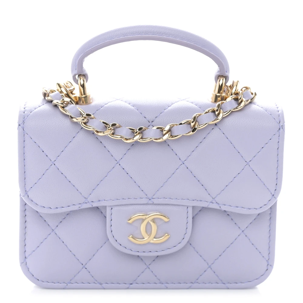 Lushentic Chanel Top Handle Flap Coin Purse With Chain Small Light Purple Quilted Lambskin Leather Gold Hardware Front