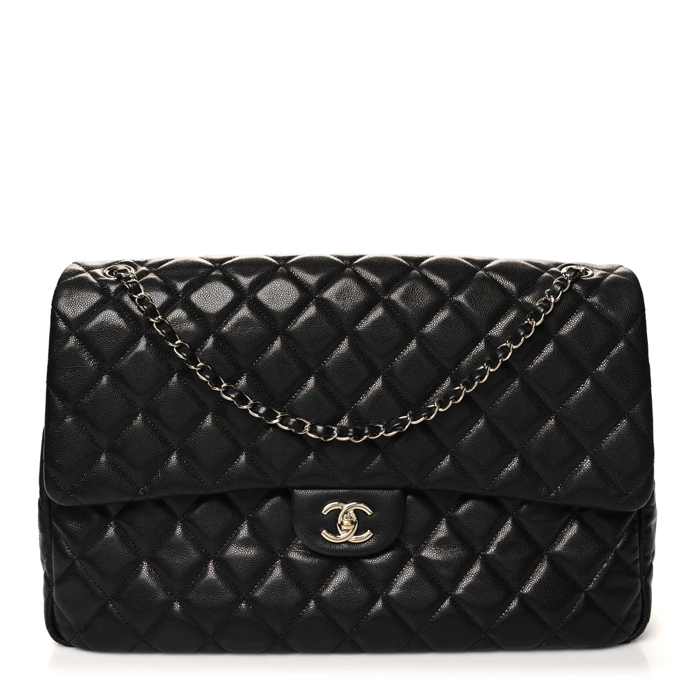 Lushentic Chanel Travel Flap XXL Black Quilted Caviar Leather Light Gold Hardware Front