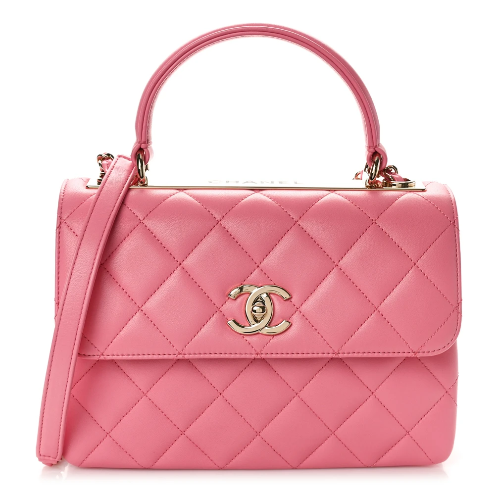 Lushentic Chanel Trendy CC Flap Small Pink Quilted Lambskin Leather Dual Handle Light Gold Hardware Front