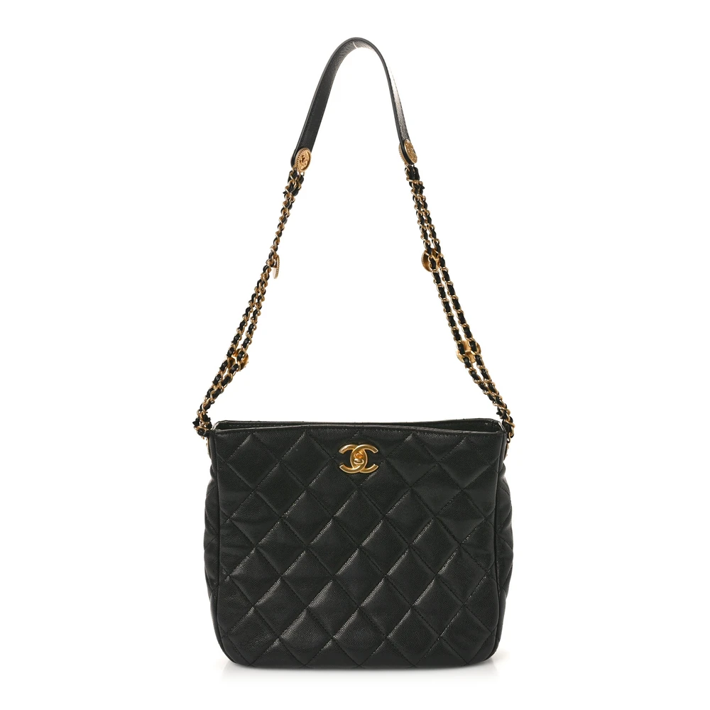 Lushentic Chanel Twist Your Buttons Hobo Medium Black Quilted Caviar Leather Aged Gold Hardware Front