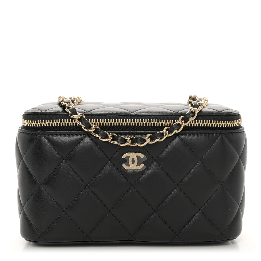 Lushentic Chanel Vanity Case With Chain Small Black Quilted Lambskin Leather Light Gold Hardware Front