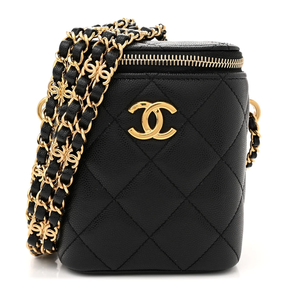 Lushentic Chanel Vertical Vanity Case With Chain Small Black Quilted Caviar Leather Gold Hardware Front